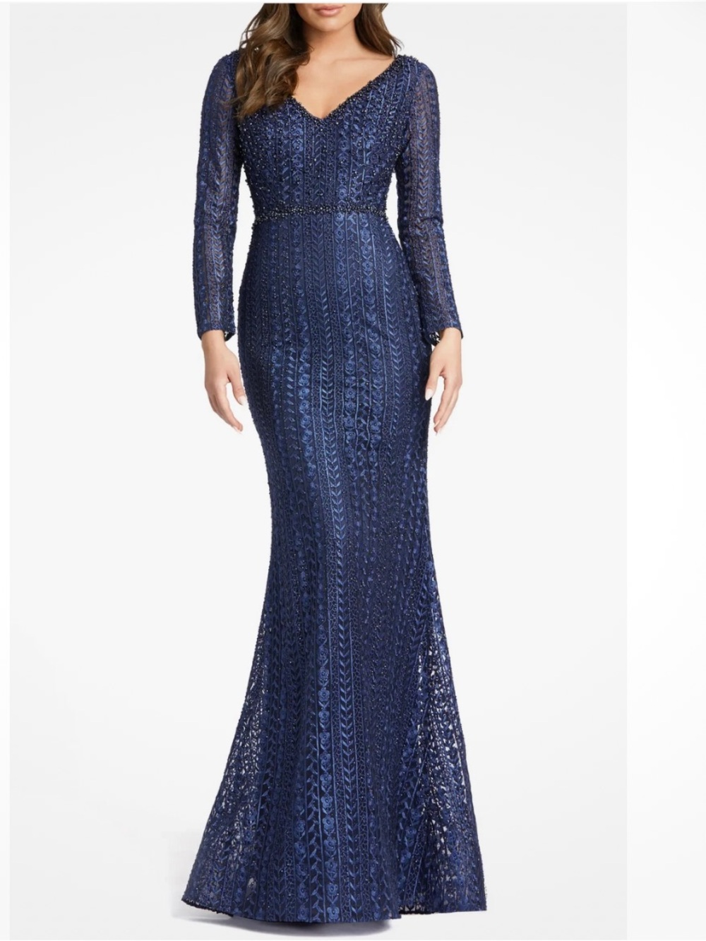 Mac Duggal Navy Beaded Long-Sleeve V-Neck Gown - Picture 2 of 8